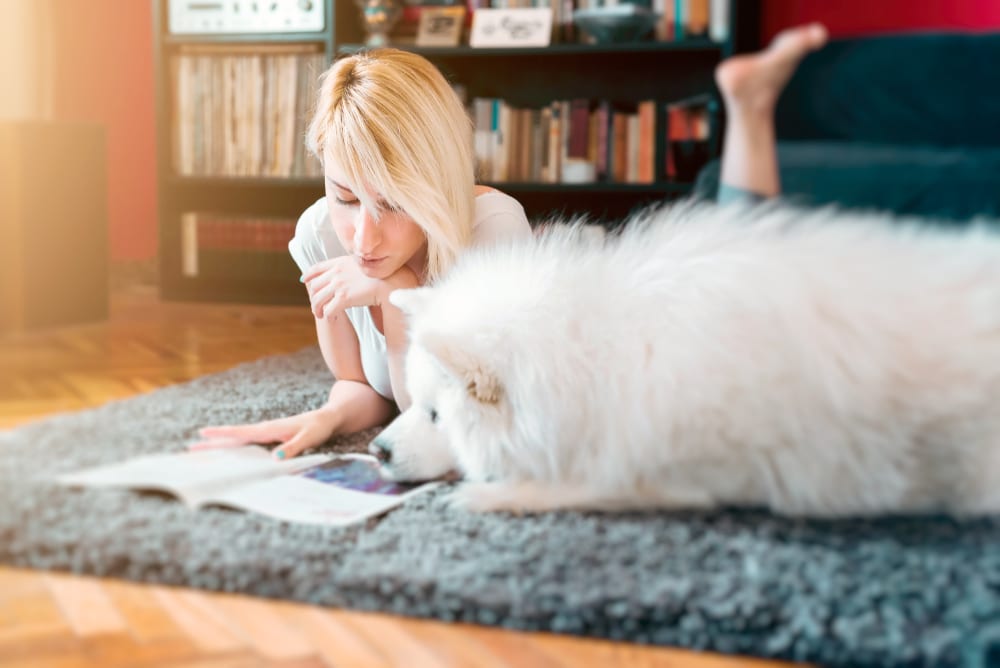 A girl and Samoyed reading while laying on carpet.