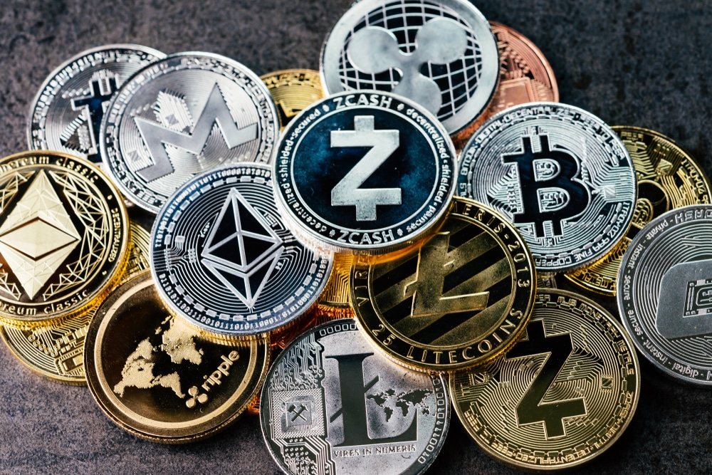A collection of different cryptocurrency coins..