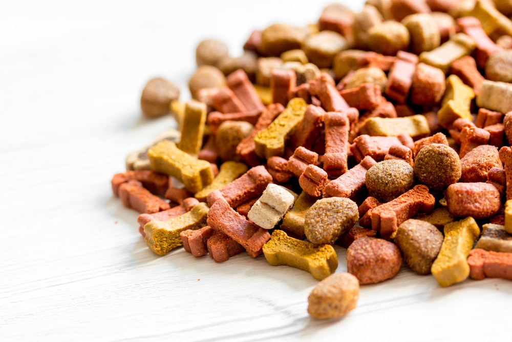 A closeup of some dog flood spilled out on a table.