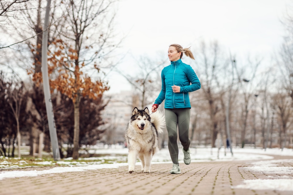 A woman jogging through a park with her dog in the cold weather.