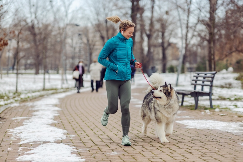 A woman running through on a park path with her dog in cold weather.