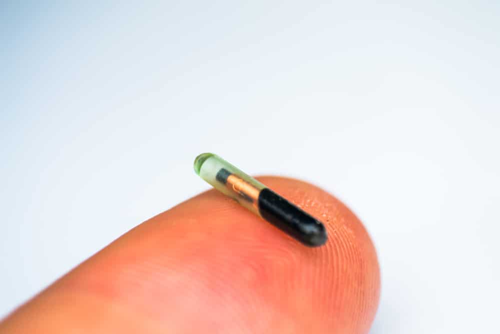 A closeup of a microchip on a finger.