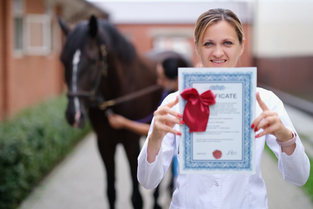 A vet holding up their certificate while a horse stands in the background and someone tends to it.