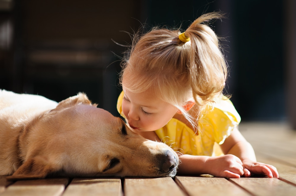 A kid leaning in to kiss their dog.